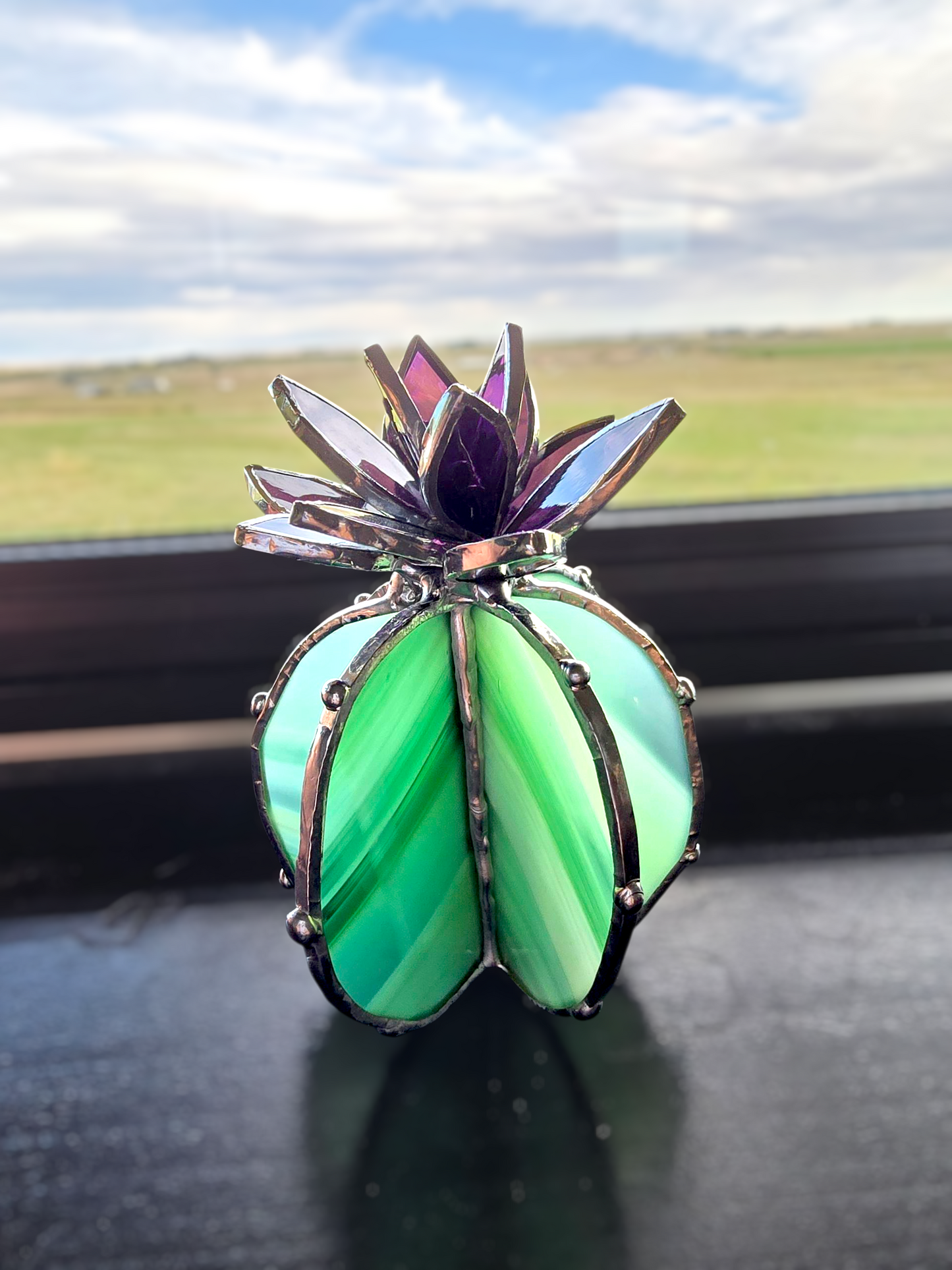 Bright Green Cactus with Purple Flower