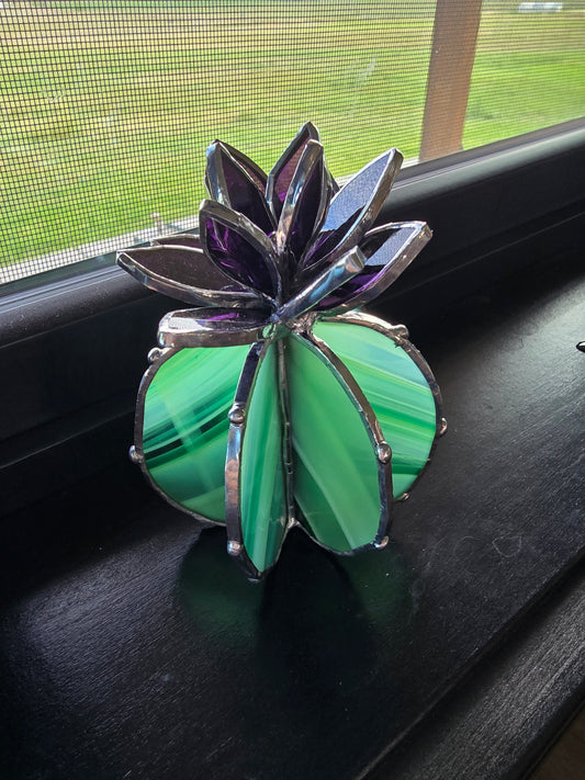 Bright Green Cactus with Purple Flower