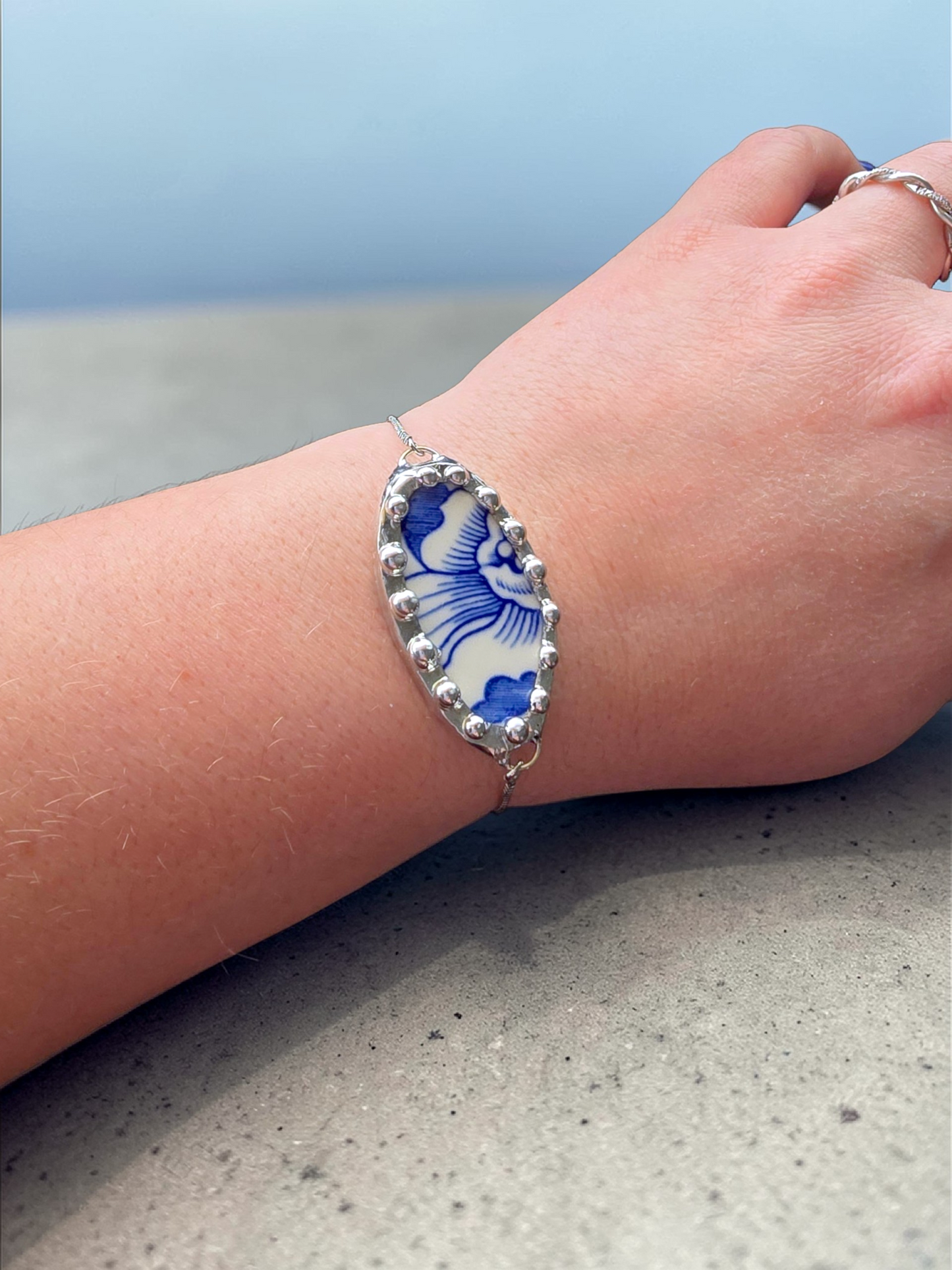 Blue Porcelain Flower Bracelet Adjustable, Silver