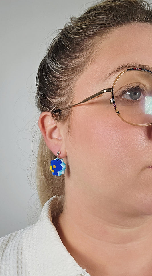 Regal Small Blue Floral Earring with Gingham Pattern