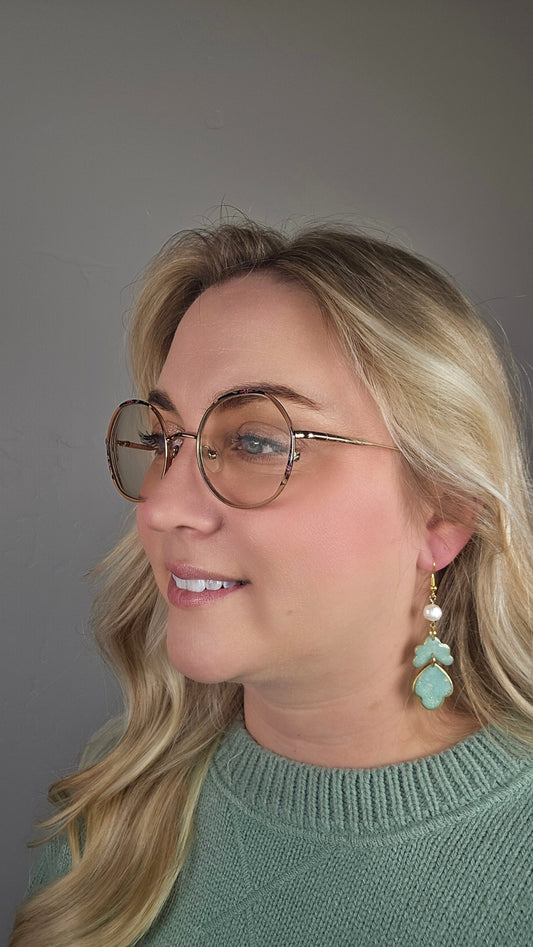Faux Mint Opal Stone Earrings w/ Pearl
