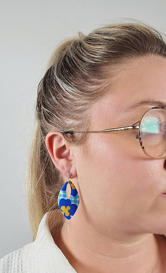 Large Blue Floral Diamond Earrings with Gingham Pattern