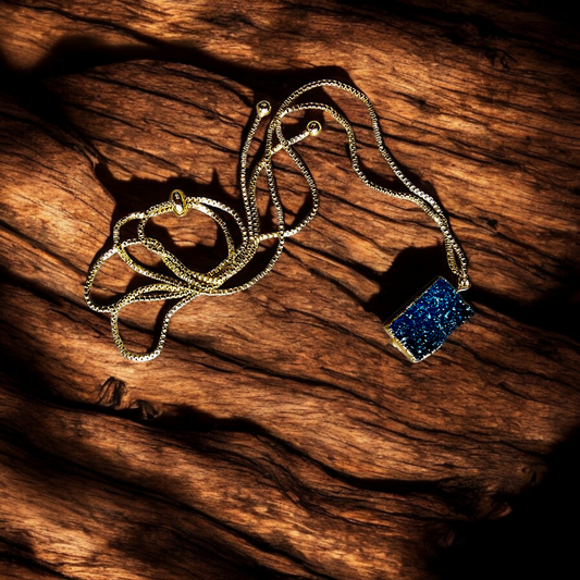 Square Blue Geode Necklace, Gold