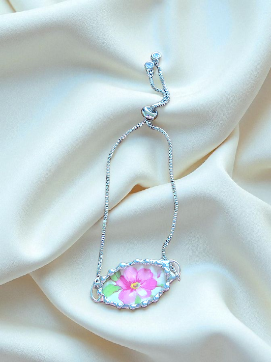 Pink Daisy Silver Bracelet Adjustable