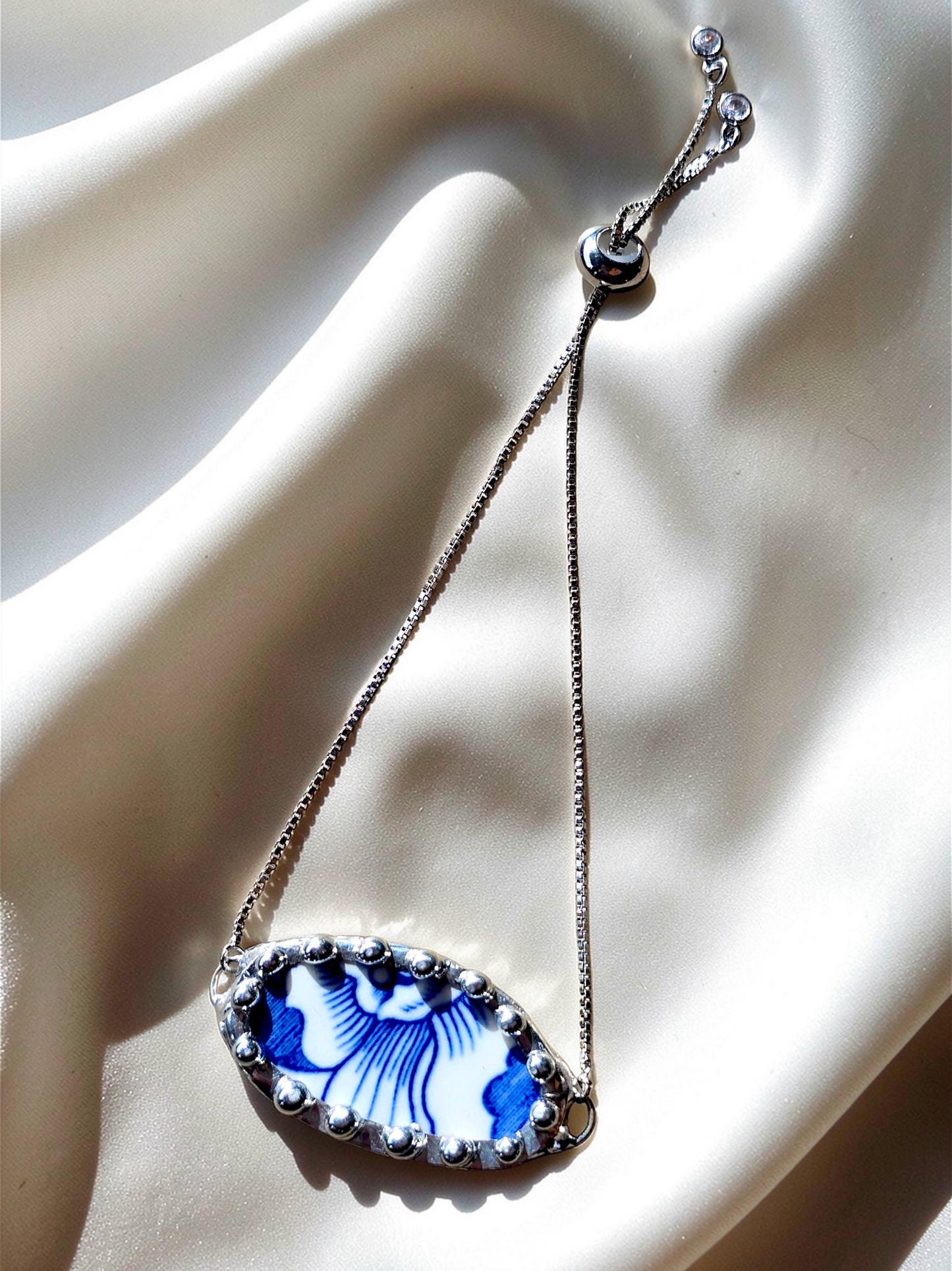 Blue Porcelain Flower Bracelet Adjustable, Silver