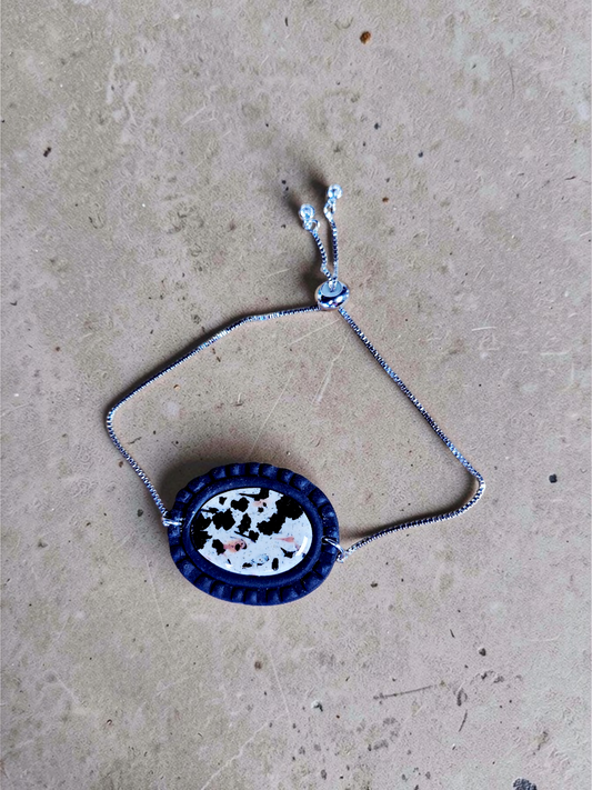Faux Dalmatian Jasper Stone Bracelet W/ Black Bezel