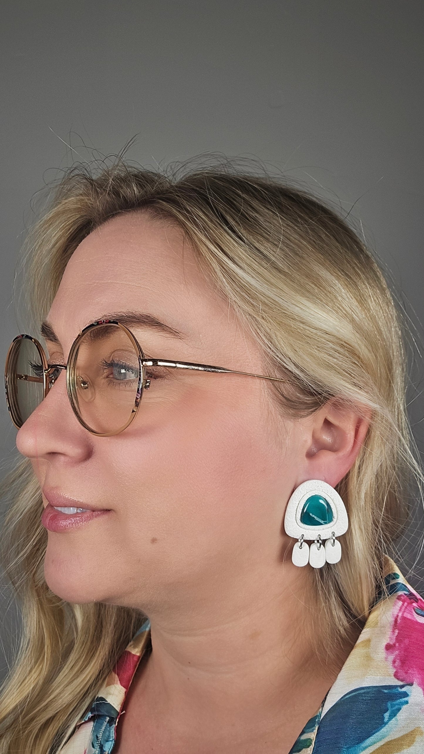 Faux Apatite Stud W/ Floral Textured Bezel