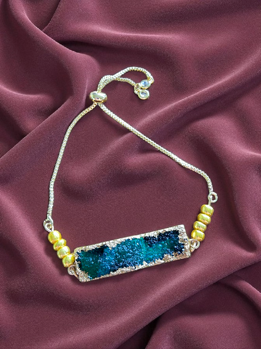 Blue Druzy Quartz Gold Bracelet Adjustable