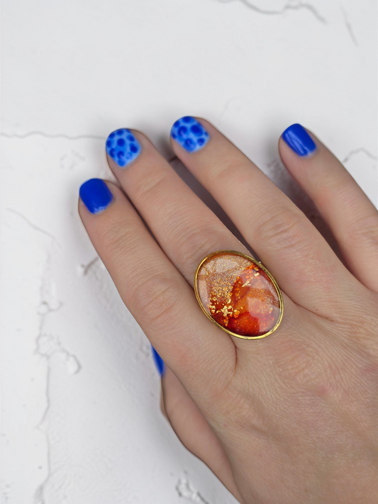 Large Faux Sunstone Adjustable Gold Ring