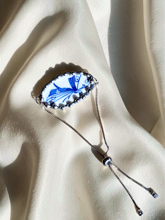 Blue Bug Adjustable Porcelain Bracelet, Silver