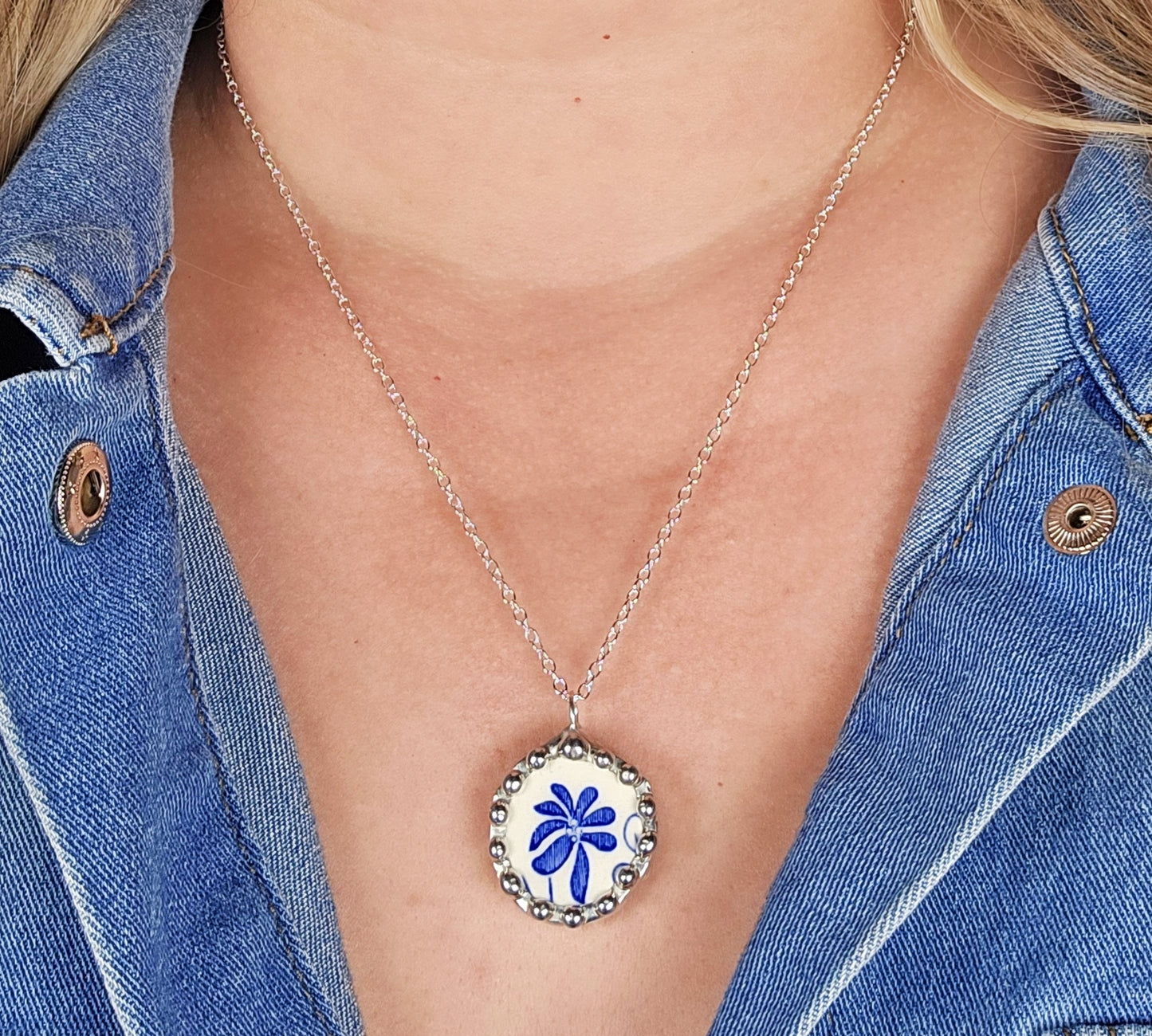 Blue Daisy Porcelain Pendant