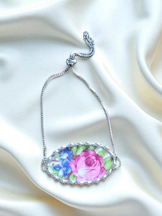 Rose with Blue Hydrangea Buds Silver Bracelet Adjustable