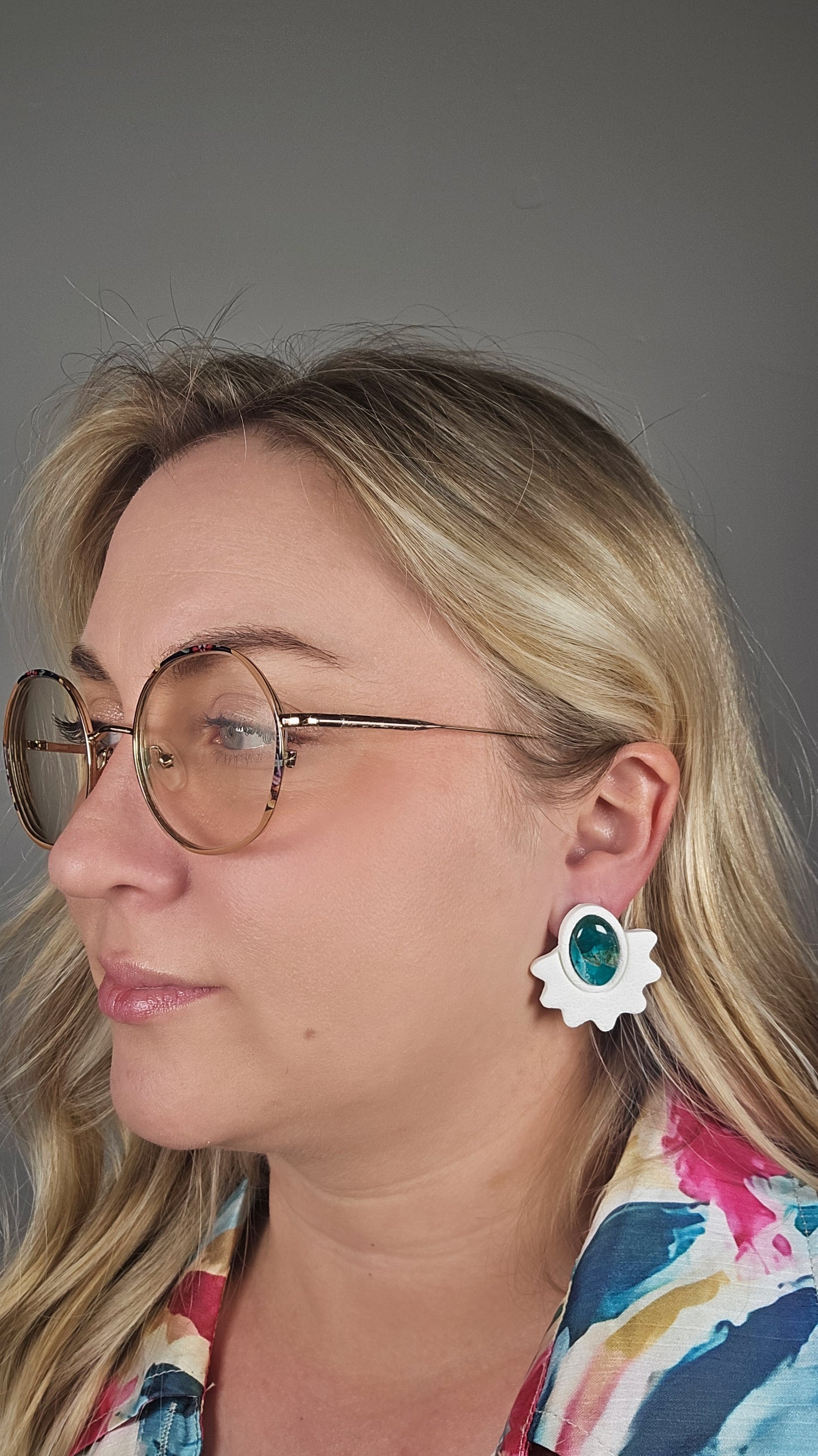 Faux Oval Apatite Stud w/ Floral Textured Bezel