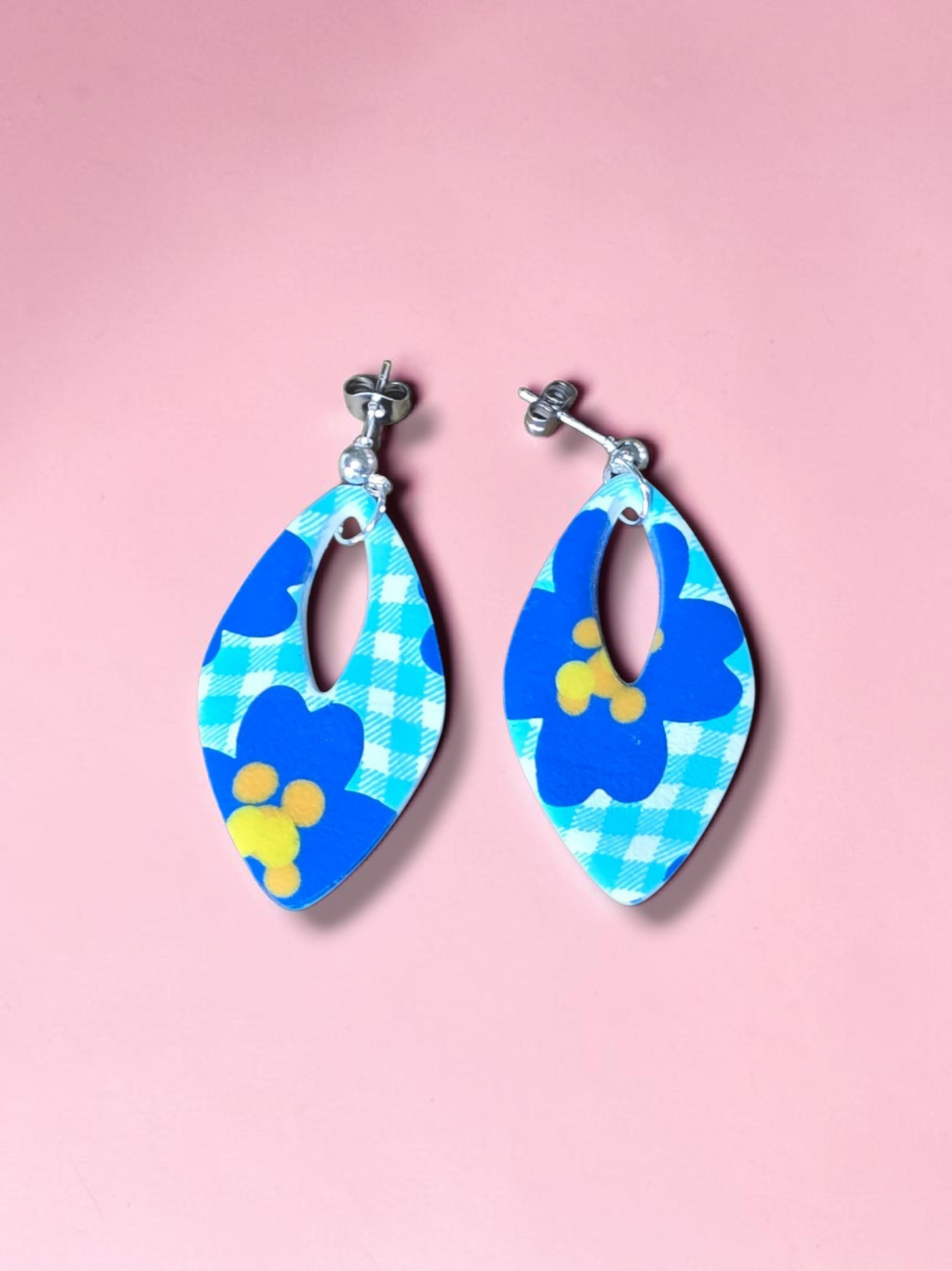 Large Blue Floral Diamond Earrings with Gingham Pattern