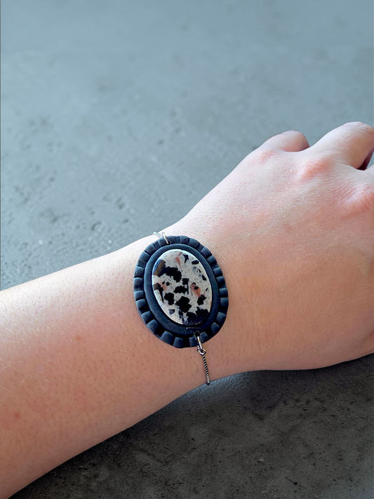 Faux Dalmatian Jasper Stone Bracelet W/ Black Bezel
