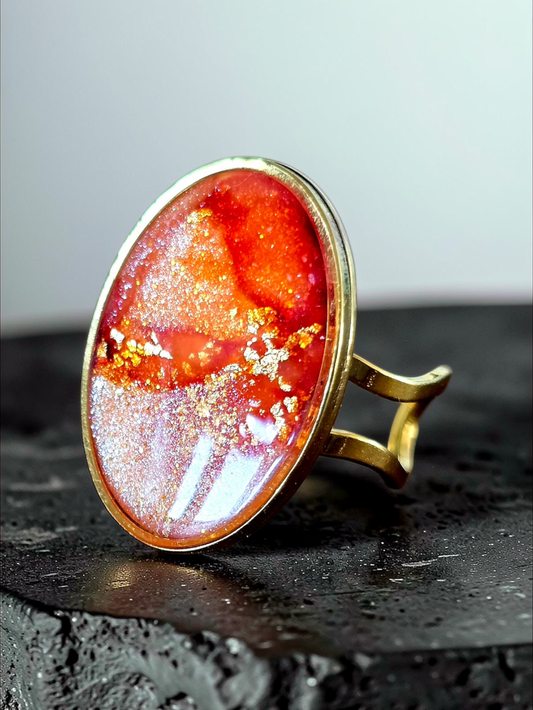 Large Faux Sunstone Adjustable Gold Ring
