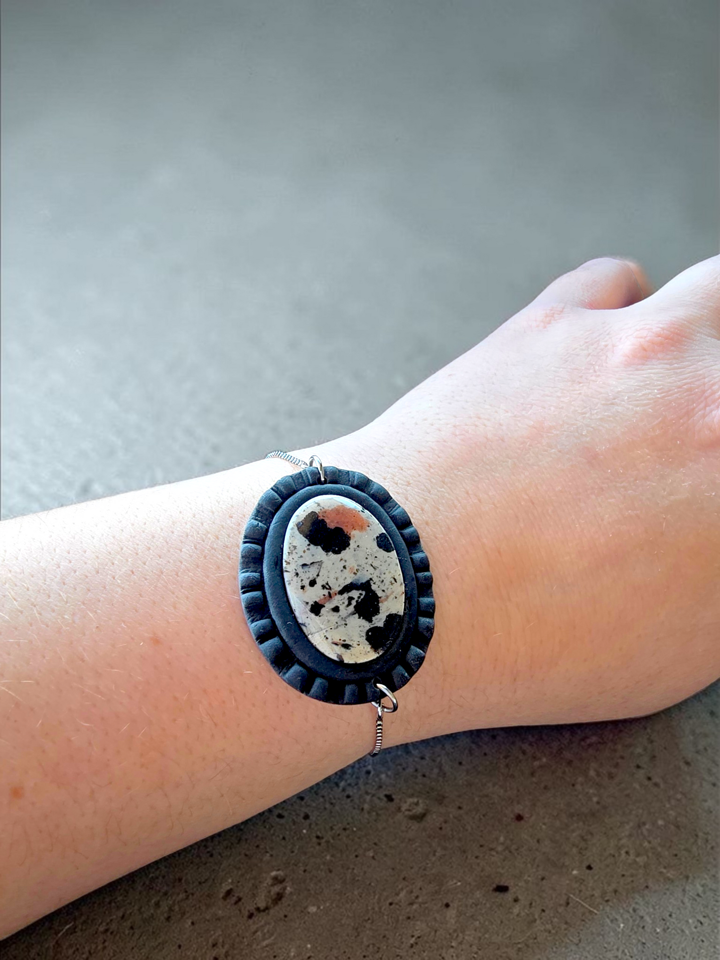 Faux Dalmatian Jasper Stone Bracelet W/ Black Bezel