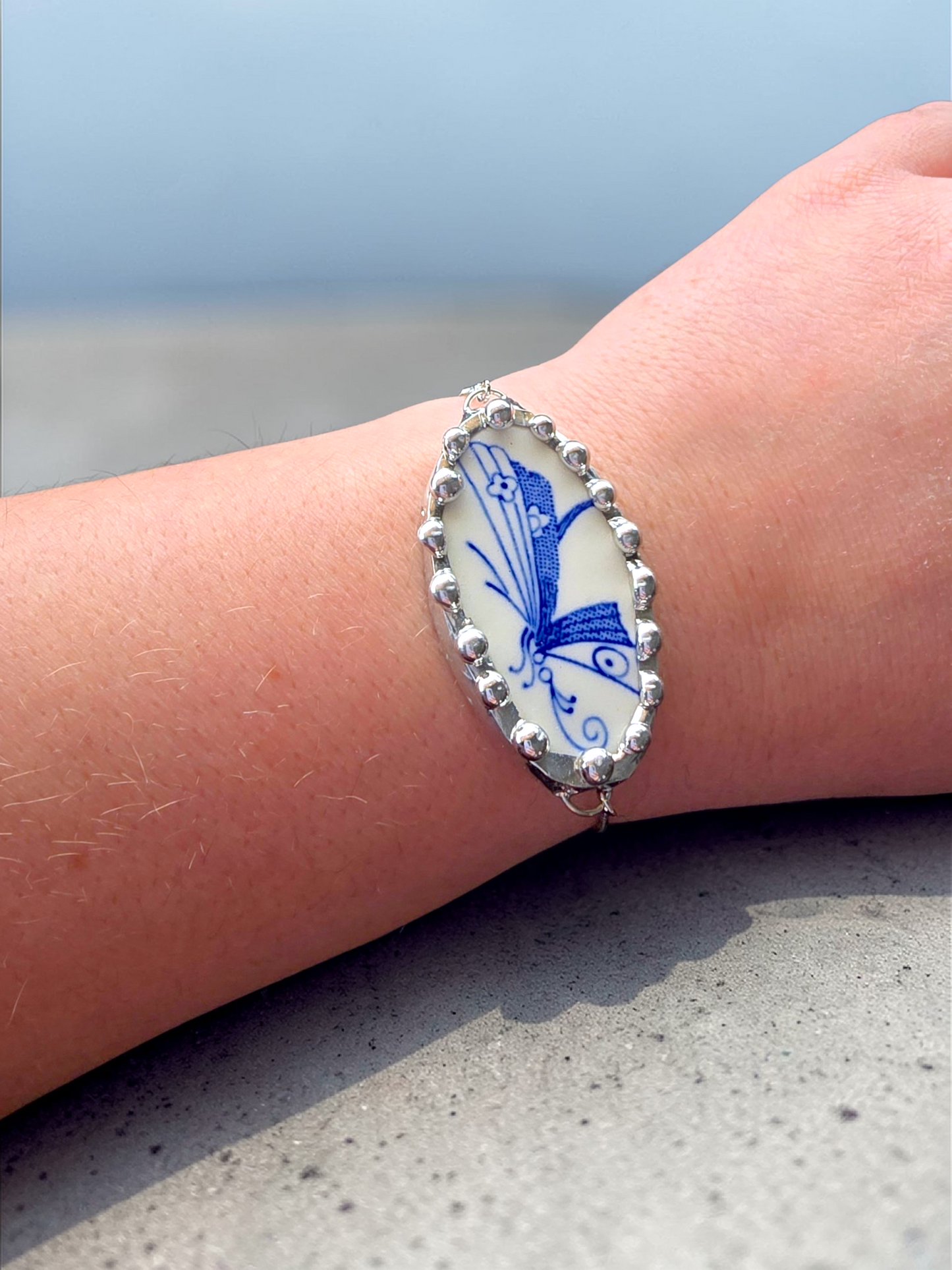 Blue Bug Adjustable Porcelain Bracelet, Silver