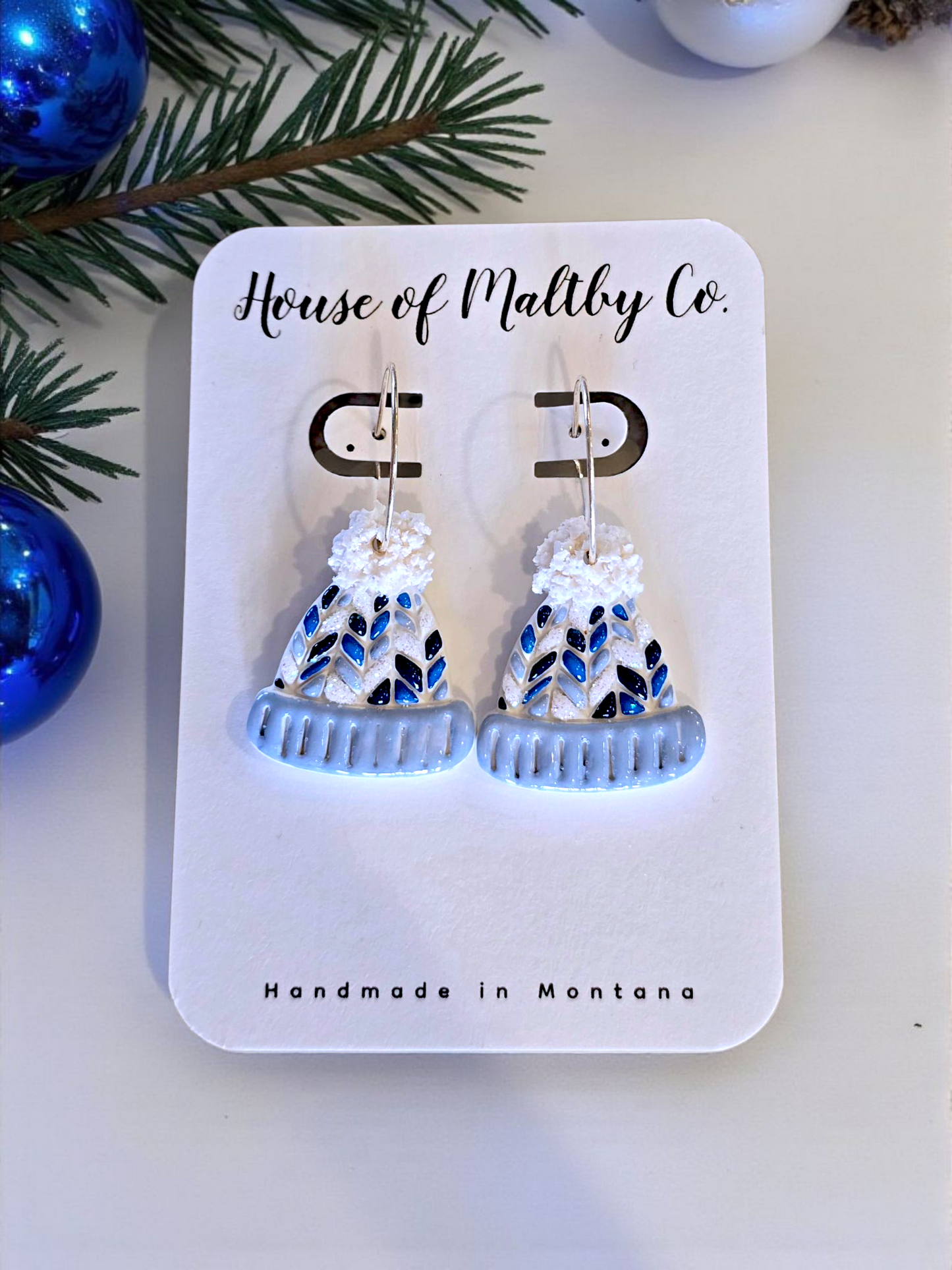 Woven Pom Pom Hat Earrings