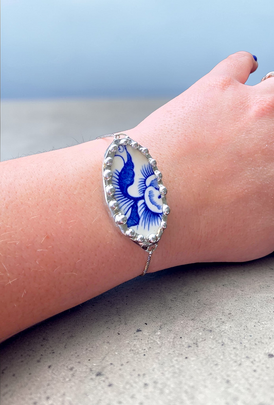 Blue China Flower, Adjustable Silver Bracelet