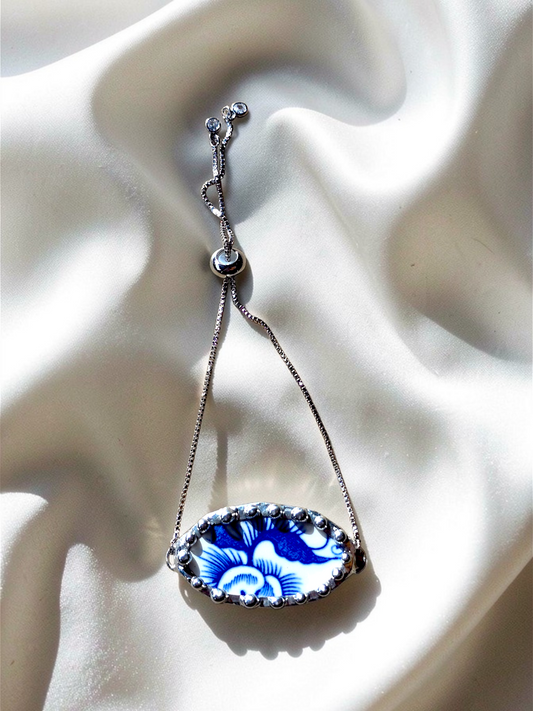 Blue China Flower, Adjustable Silver Bracelet