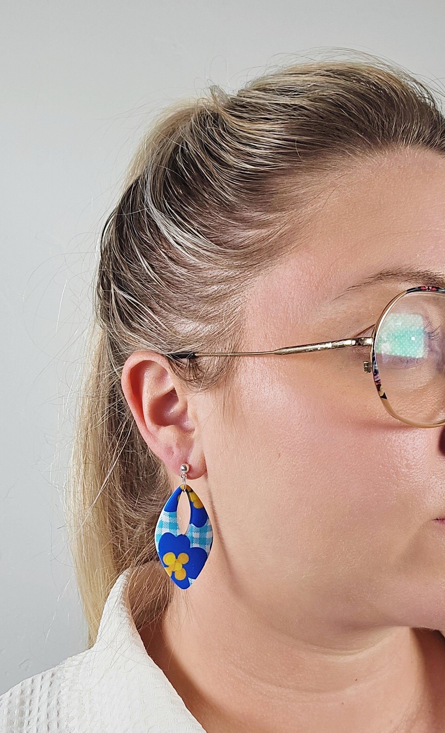 Large Blue Floral Diamond Earrings with Gingham Pattern